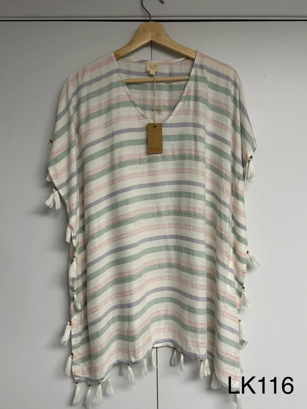 NWT Surf Gypsy Pastel Stripe Tassel Beach Coverup Resort Vacation M